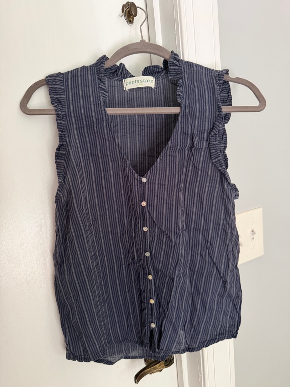 Pants Store Navy Striped Ruffle-Sleeve Button Front Blouse